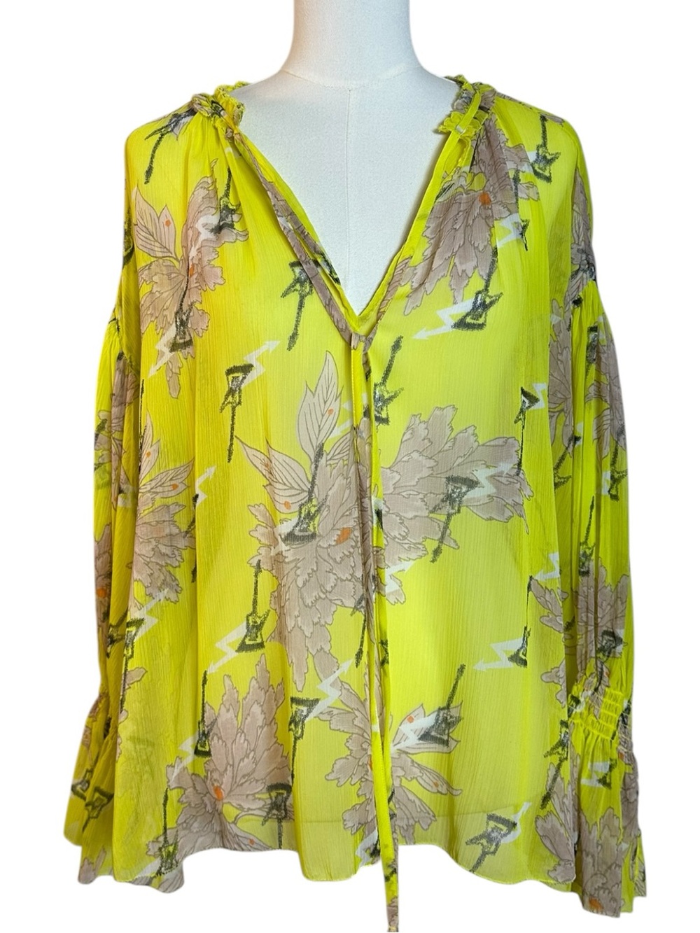 Zadig & Voltaire Talisa Blossom Crepon Floral Guitar Blouse Large Art to Wear - Picture 5 of 17